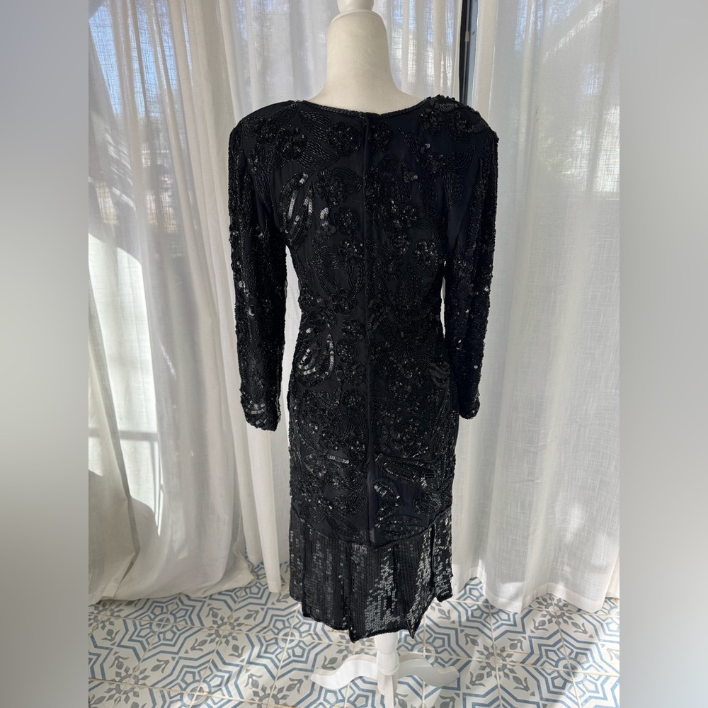 SWEEL O Vintage Black Beaded Sequin Cocktail Dress Long Sleeve Art Deco Midi - Picture 6 of 12